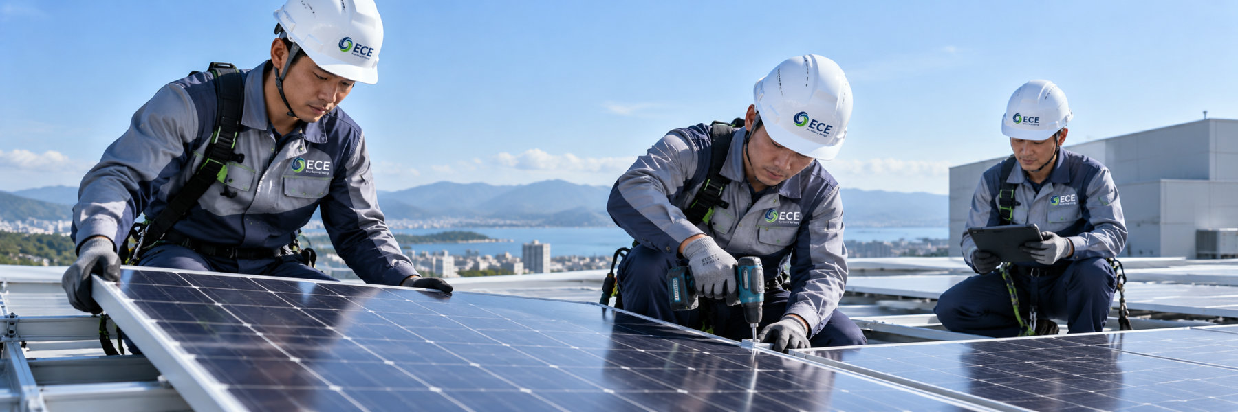 Engineering team installing rooftop solar panels